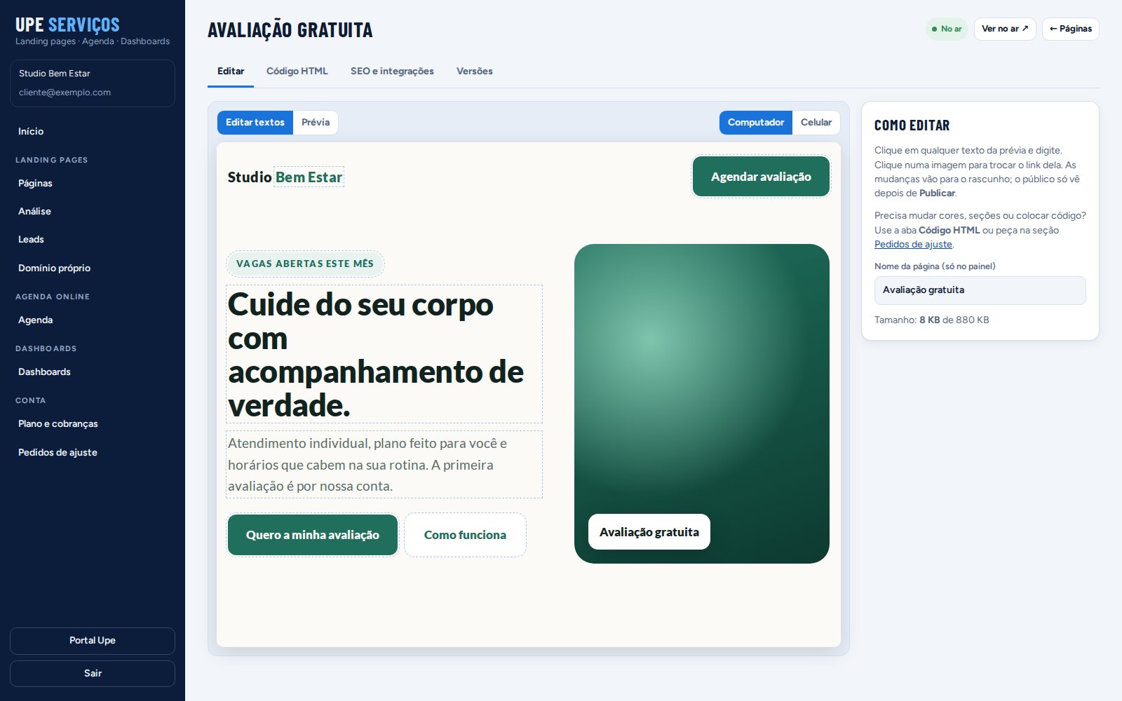 Editor de landing page do Painel Upe Serviços